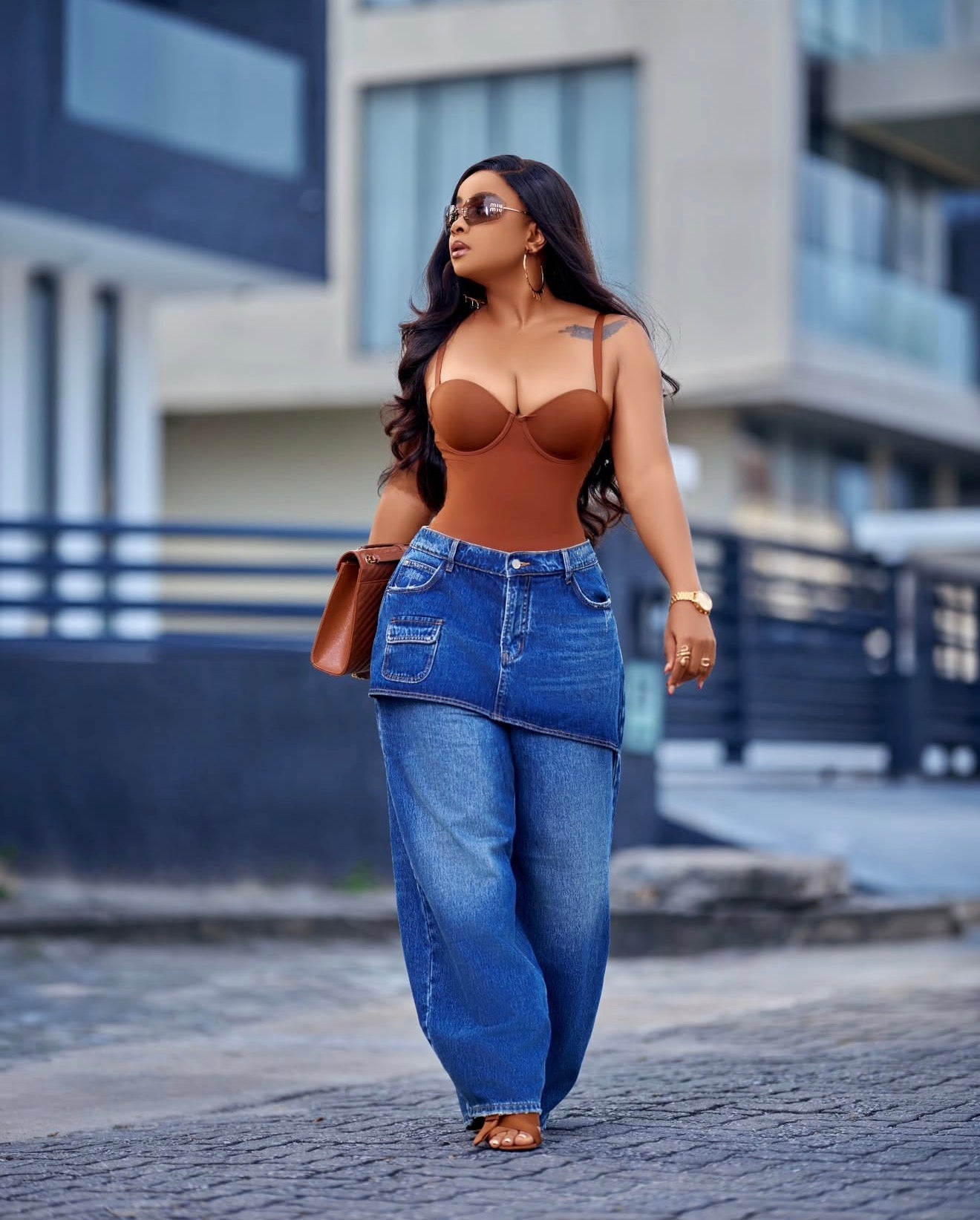 Barrel faux skirt denim pants